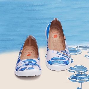 UIN Women's Ballet Flats Slip On Pointed Toe Casual Loafer Shoes(Beach Umbrella)